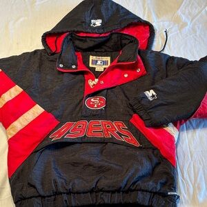 VTG 90’s STARTER 49ers Hooded Puffer Pullover Jacket w/Front Pouch , S , $120